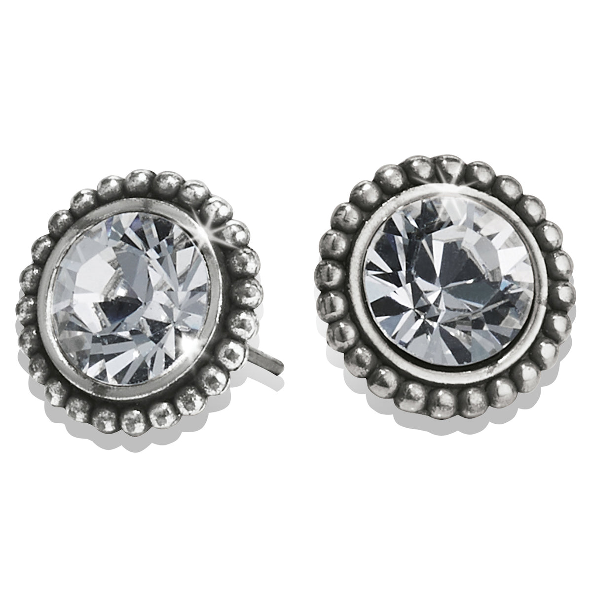 Silver plated post earrings with flat disc backs featuring fine quality crystal drops.