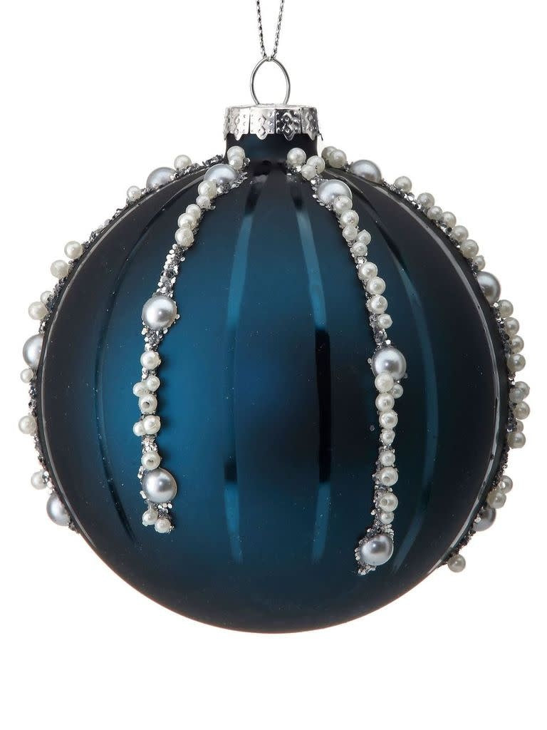 4-inch dark blue glass ball ornament decorated with vertical pearl bead stripes.