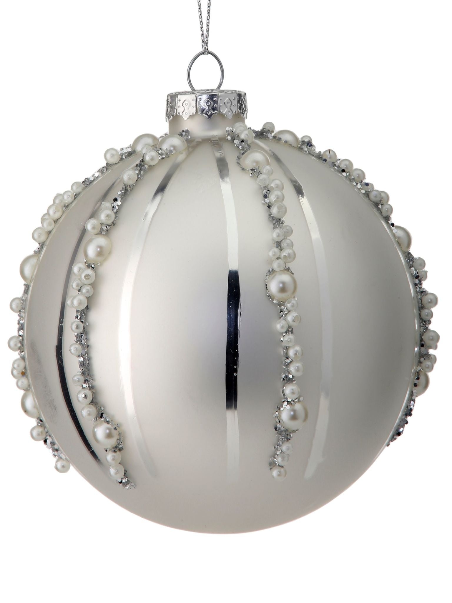4-inch white glass ball ornament with vertical silver stripes and pearl bead accents.