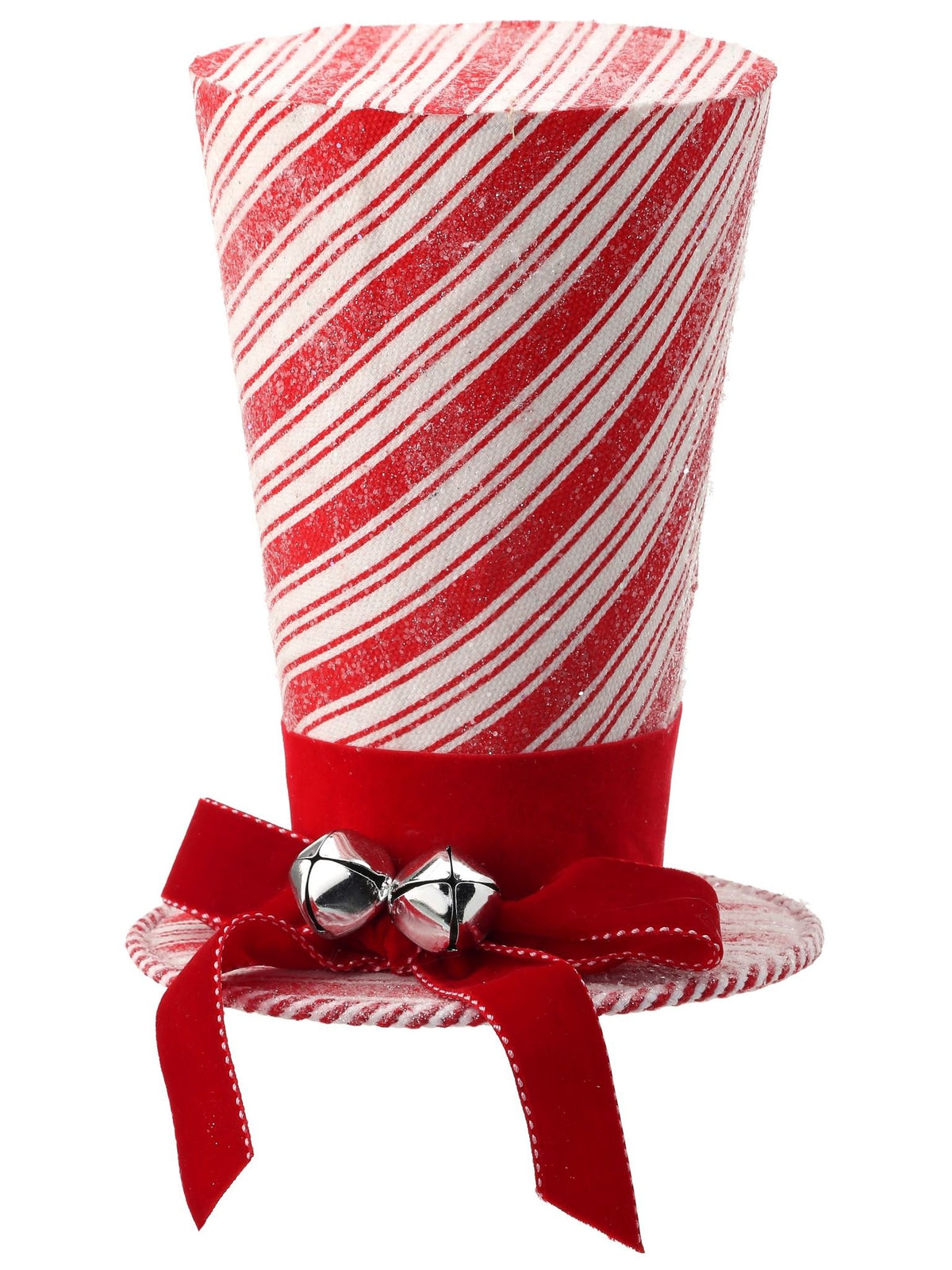 8.25-inch silver jingle bell Christmas tree ornament with a solid velvet bow and frosty peppermint design.