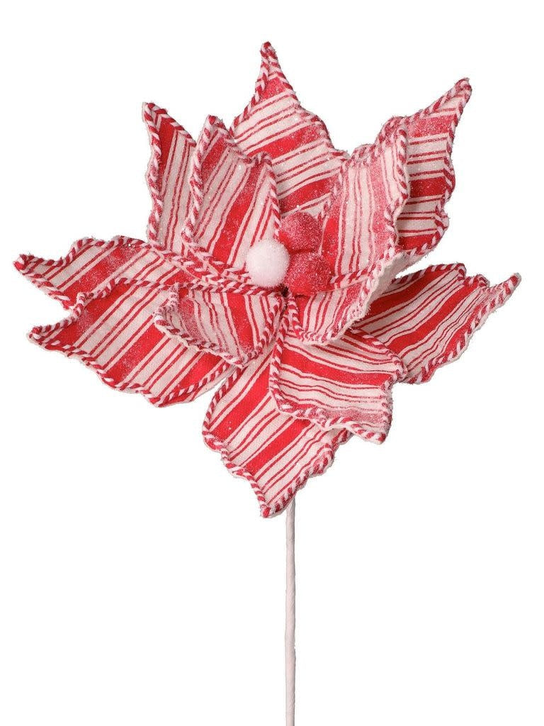 Artificial frosty peppermint poinsettia flower stem with white petals and green leaves.