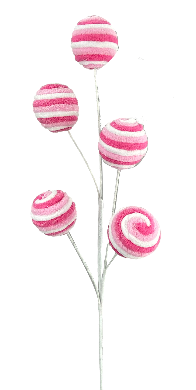 Pink and white Twirl Ball Pick with a spherical top on a slender stem.