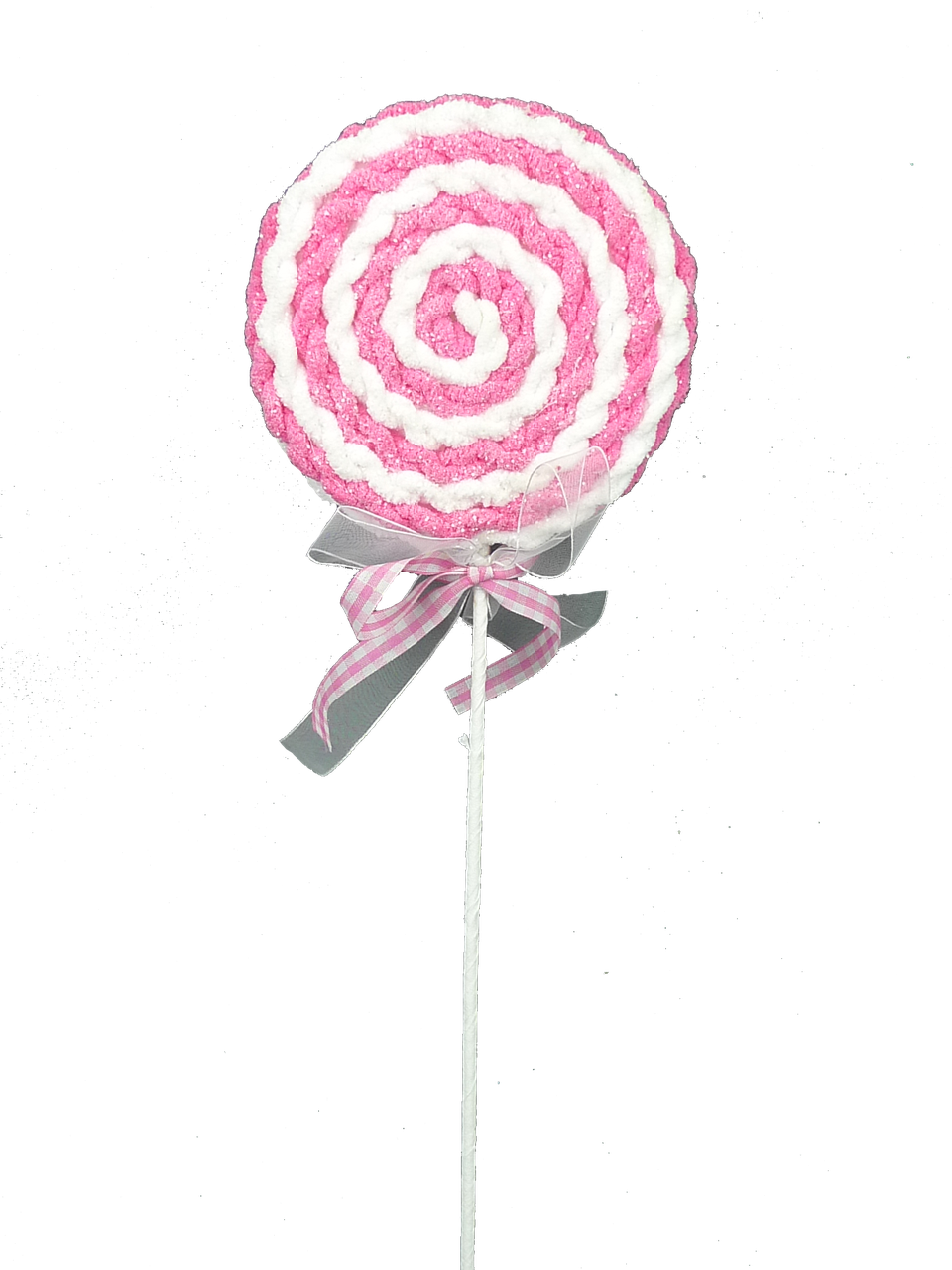 A 22-inch lollipop-shaped Christmas decoration with a ribbon accent.