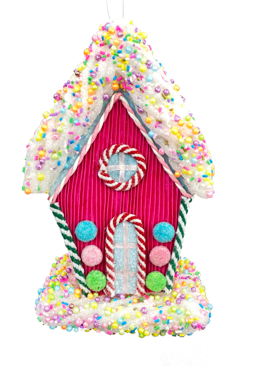Orn Candy House Christmas decoration in red with white candy cane pattern.