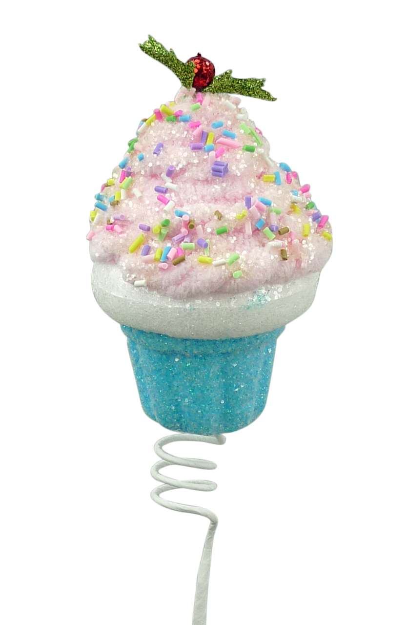 Faux glitter chenille cupcake pick with a pink frosting tip on an orange stick.