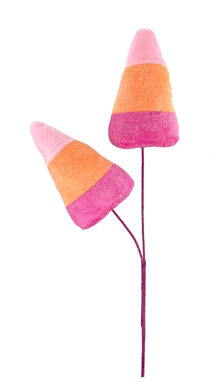 Candy corn shaped spray bottle with orange, yellow, and white striped pattern.