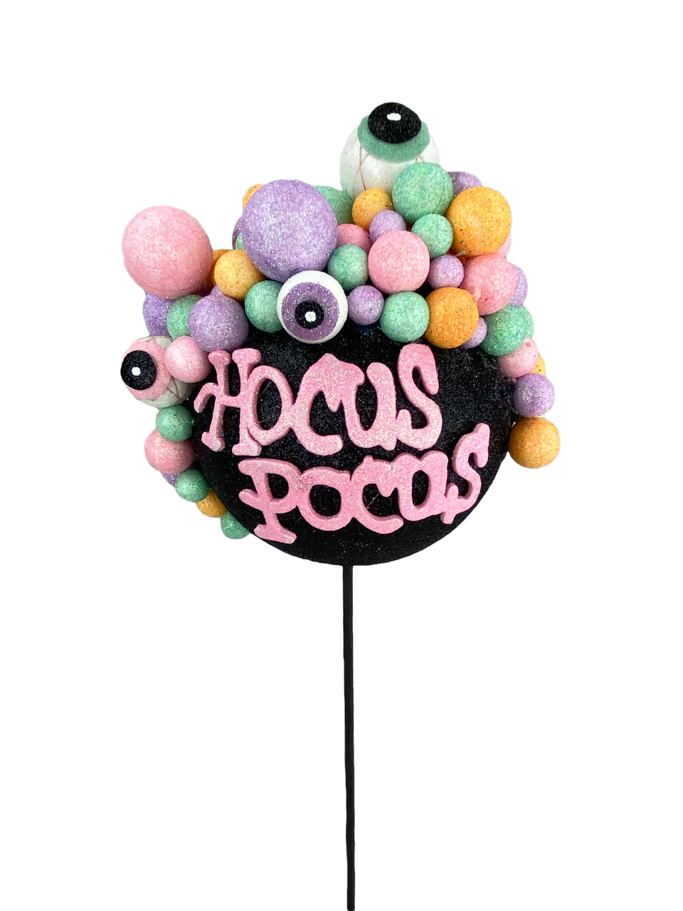 Black cauldron-shaped Halloween pick with bubble texture
