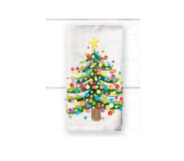 Holiday-themed tea towel with festive red and green patterns on a white background.