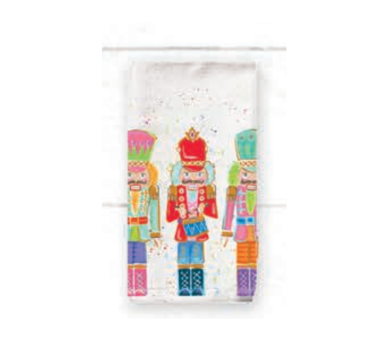 Holiday-themed tea towel with festive red and green patterns on a white background.