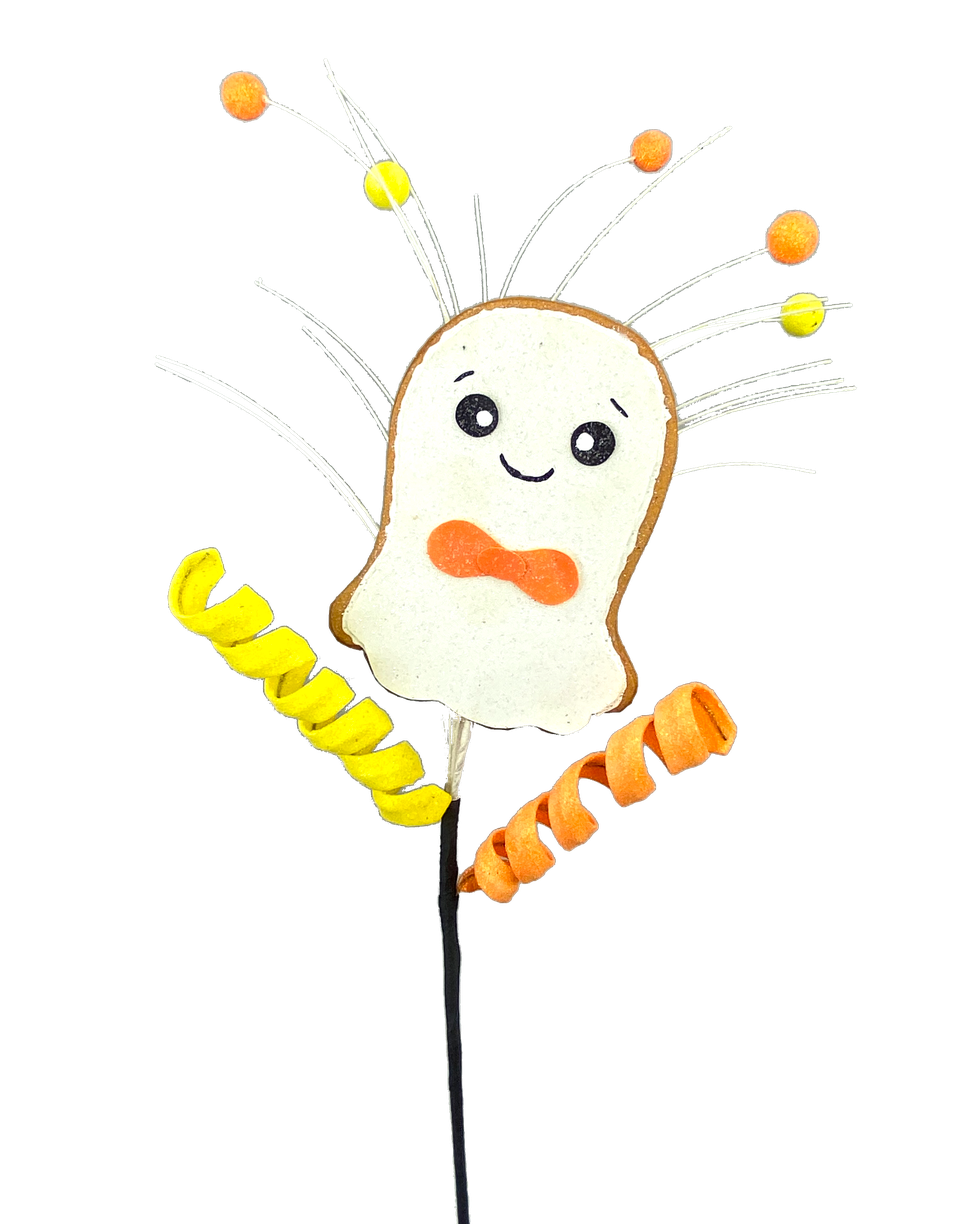 White ghost-shaped cookie spray with black eyes on a stick