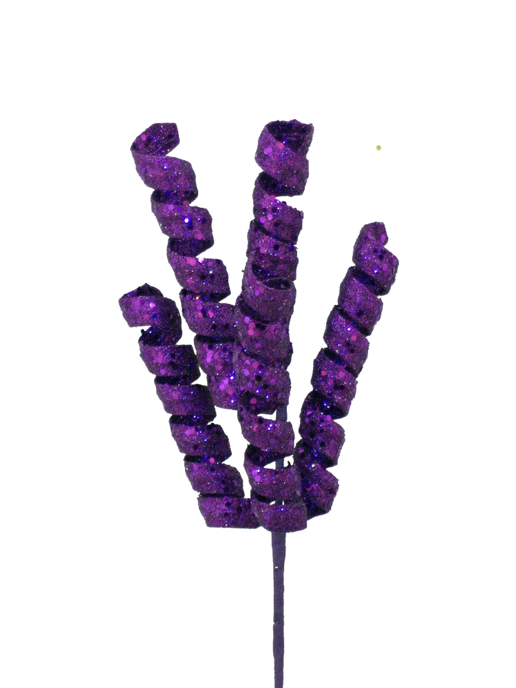 Purple glitter felt curly spray with four spiraled strips on a long stem.
