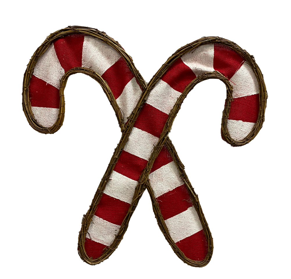 Red candy cane twig form with white stripes standing upright.