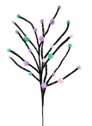 Felt ball twig spray with natural branch silhouettes adorned in multicolored felt spheres.