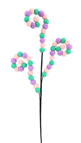 Three-armed felt ball spiral spray in orange, black, purple, and green wired arms.