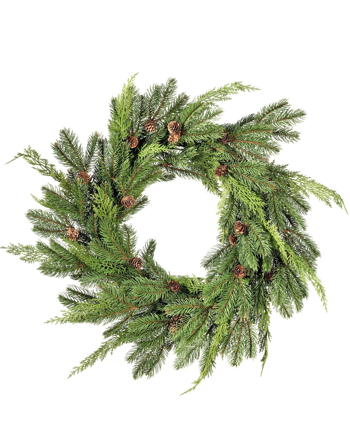 A 24-inch natural green plastic woodland pine wreath with a full circular silhouette.