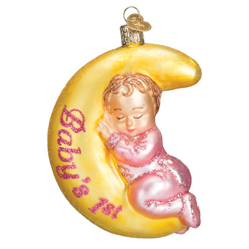Dreamtime Girl Ornament featuring a sleeping baby in pink pajamas on a yellow crescent moon.