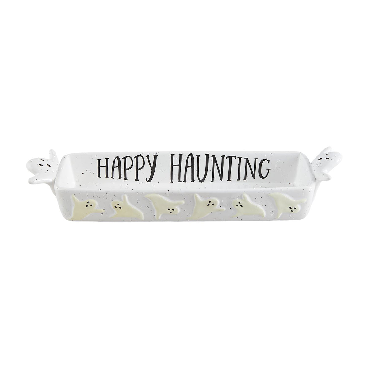 Stoneware cracker dish with a glowing ghost silhouette on white background