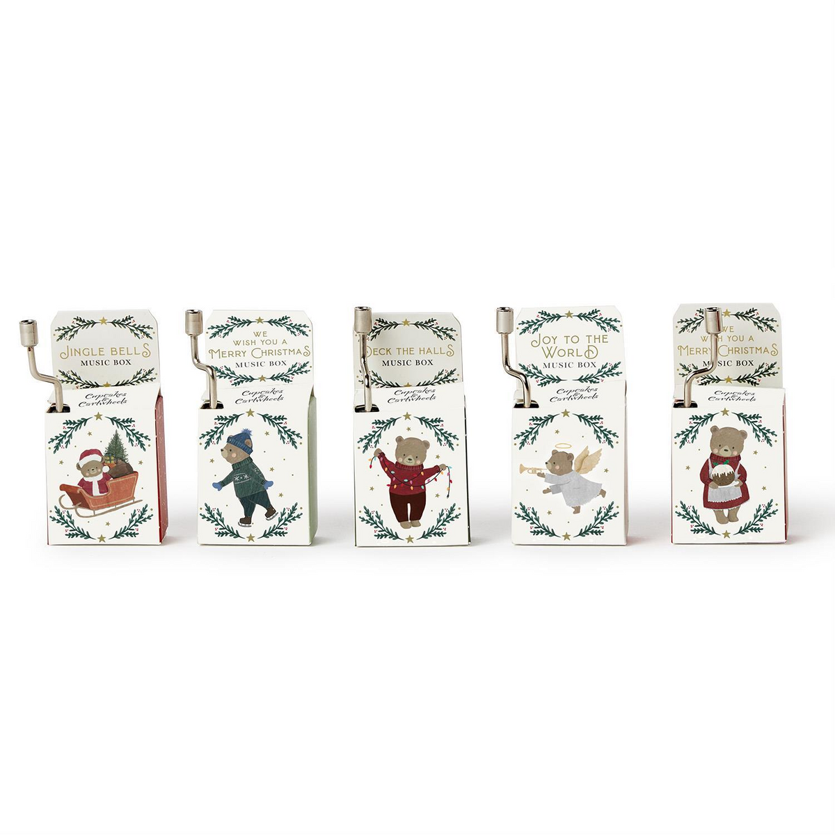 Five Christmas music boxes with hand cranks and bear illustrations, each playing a different carol.