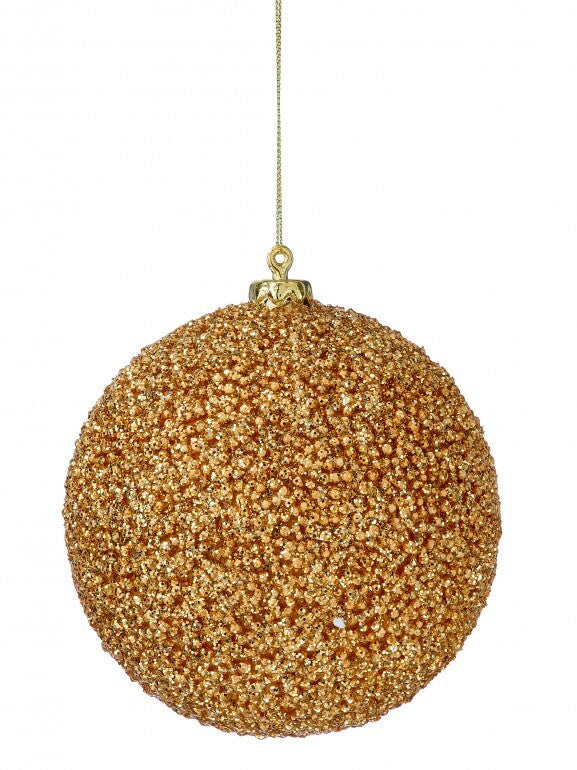 5-inch gold beaded glitter ball ornament with a textured surface and hanging string.
