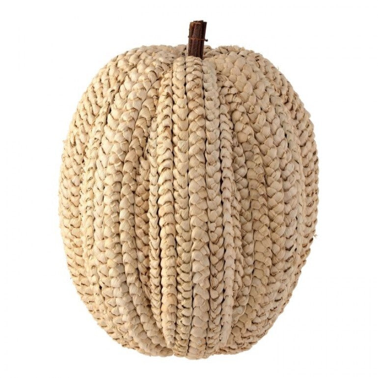 Artificial pumpkin with basket weave texture in vibrant hues, twig stem, flat base, and rib detailing.