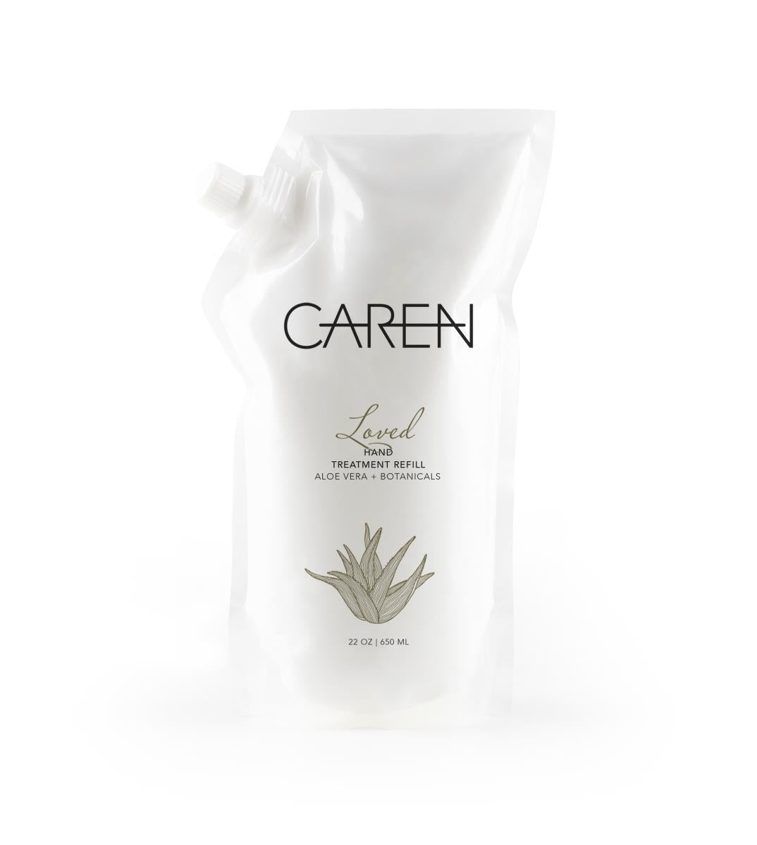 Refill pouch for LOVED hand treatment in a neutral tone.