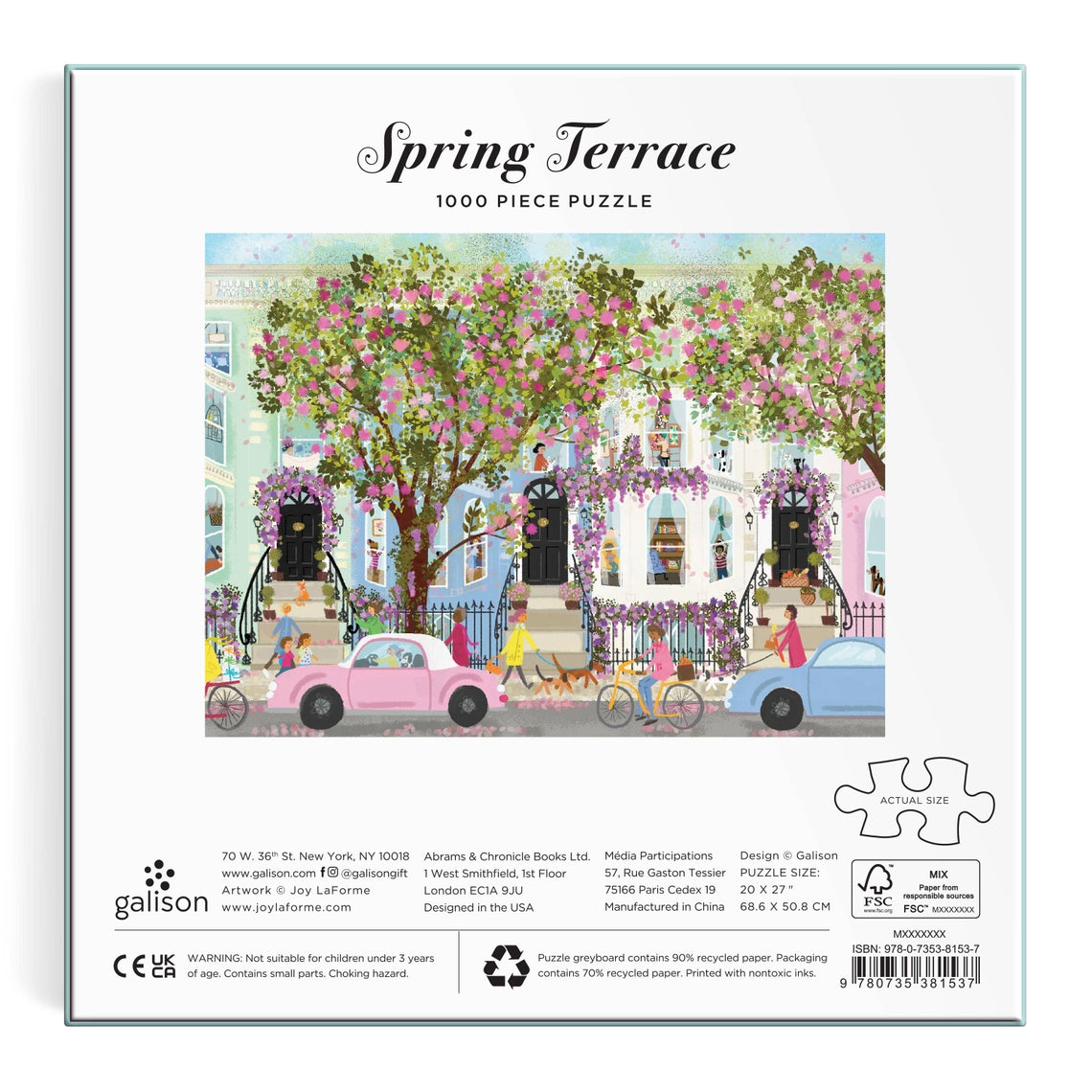 Joy Laforme Spring Terrace 1000-piece puzzle box featuring a colorful spring terrace scene with flowers and greenery.