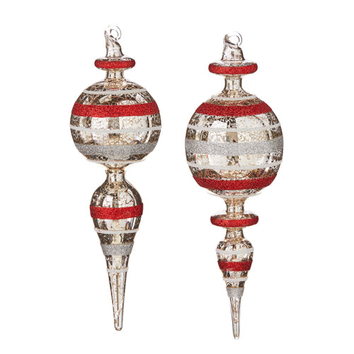 Silver mercury glass finial ornament with red and silver glittered stripes.