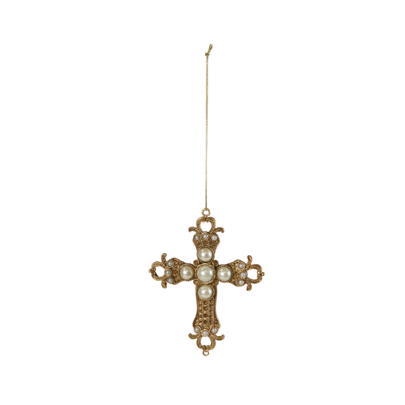 Gilded pewter cross ornament featuring ornate filigree and faux pearl accents on a gold string.
