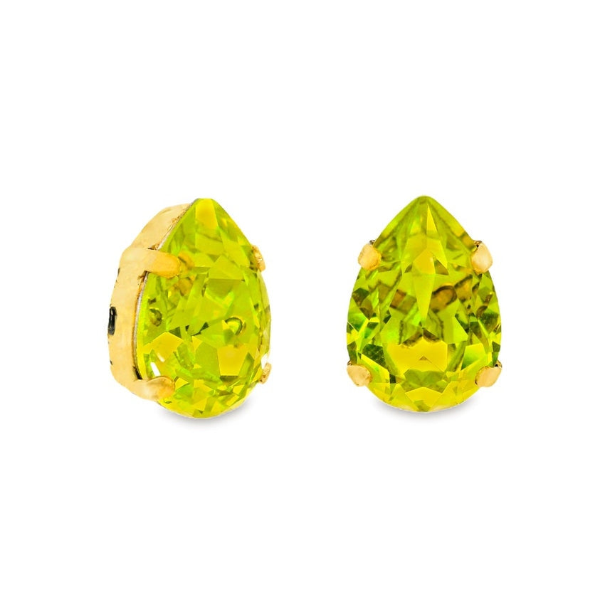 Lumi Studs Earrings featuring pear-cut lime green crystals in gold-tone prong settings.