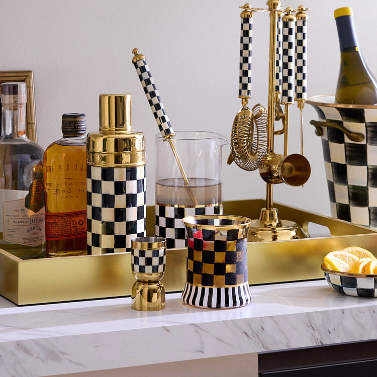 Hand-painted Courtly Check mixing glass with gold lustre embellishment