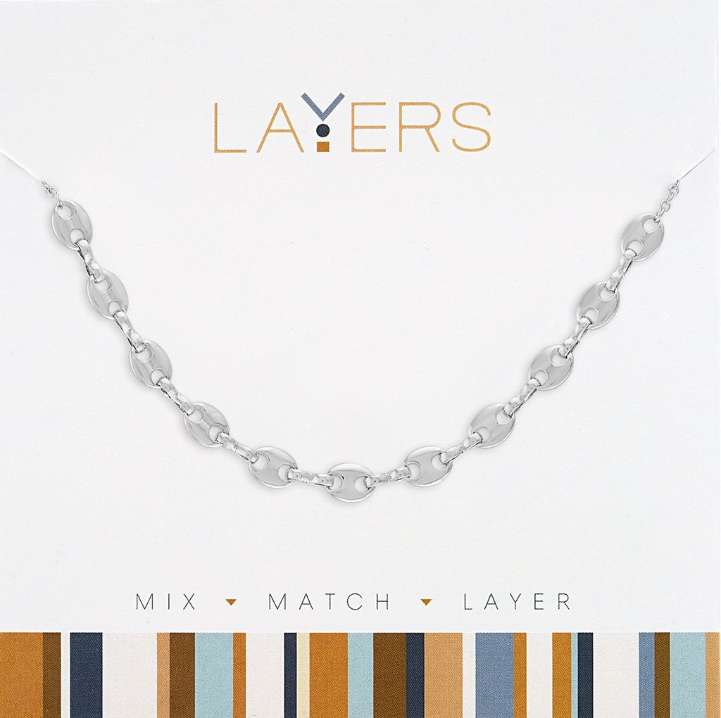 Silver mariner link chain necklace displayed on a white branded card.