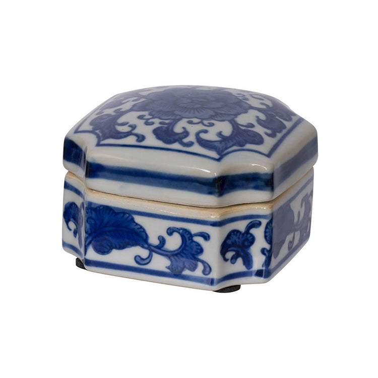 Three porcelain decorative boxes in blue and white intricate patterns with a rectangular silhouette.