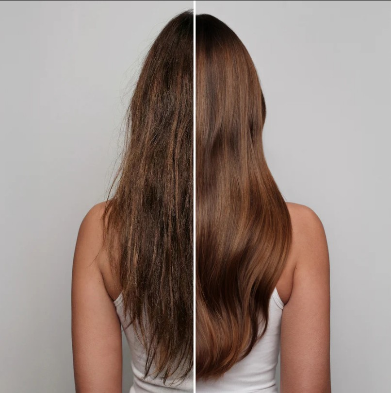 Split view of long brown hair showing frizzy texture on the left and smooth, shiny hair on the right.