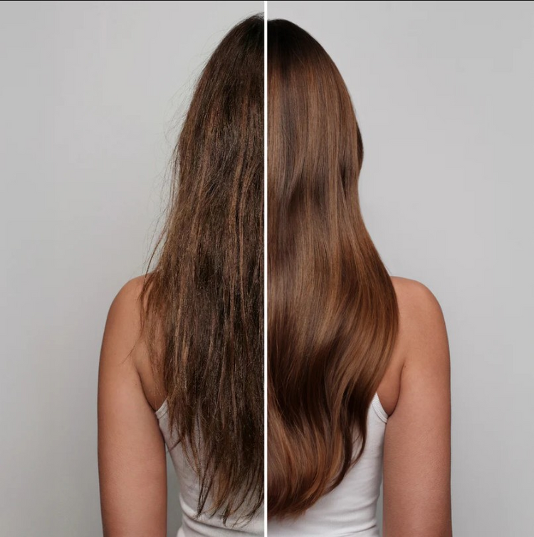 Split view of long brown hair showing frizzy texture on the left and smooth, shiny hair on the right.