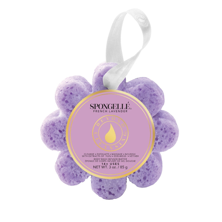 Purple flower-shaped Spongellé body wash infused buffer with a white hanging ribbon.