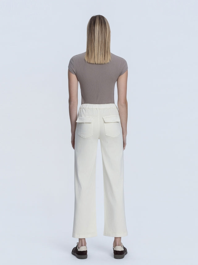 Front view of Bianca high-rise baggy wide jeans in light wash denim with a drawstring waistband.