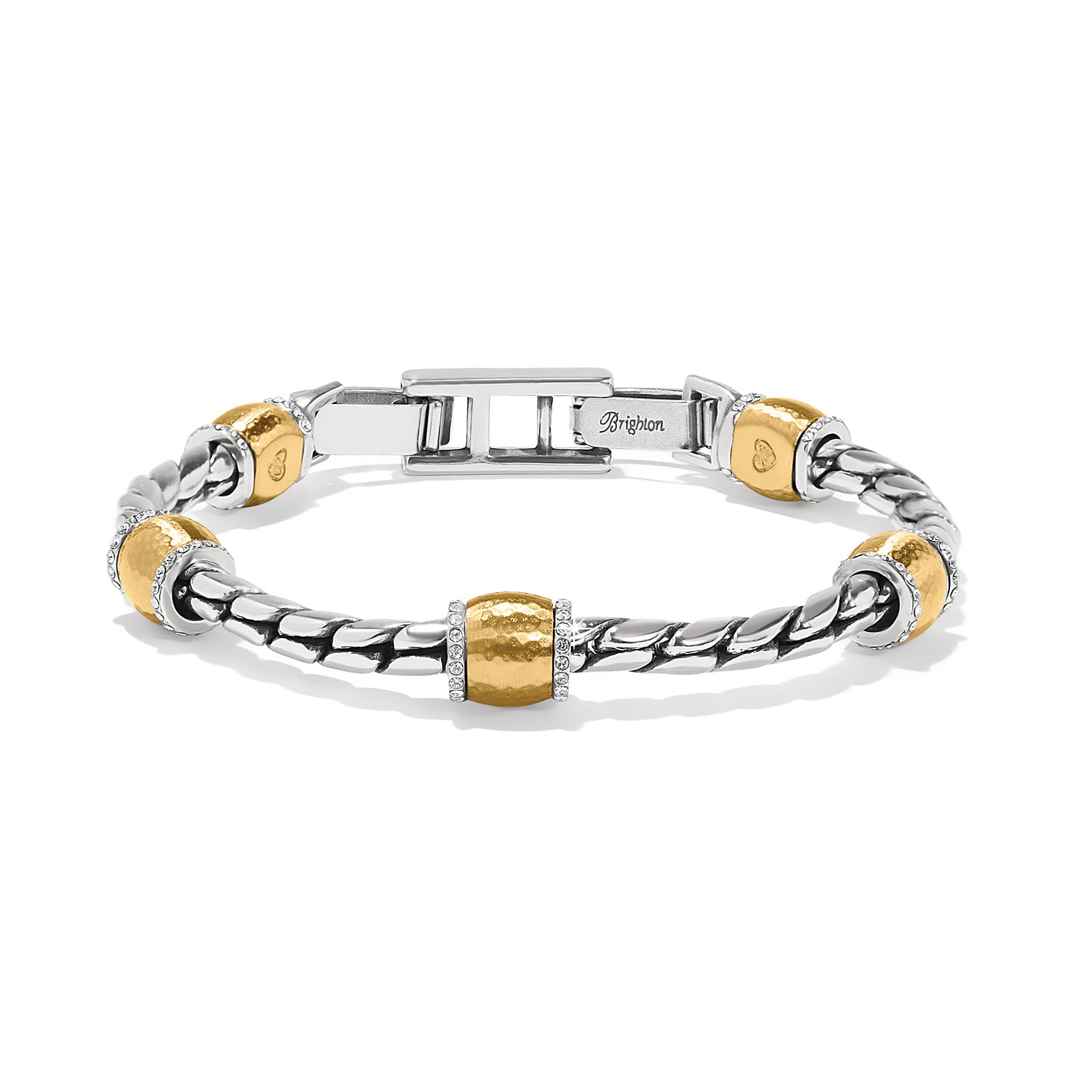 Meridian Geo Bracelet in two-tone silver and gold with crystals and a fold-over clasp.