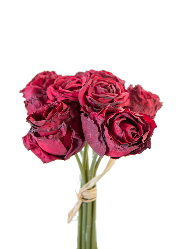 Bundle of eight 9-inch artificial dried red roses with green stems tied together with twine.
