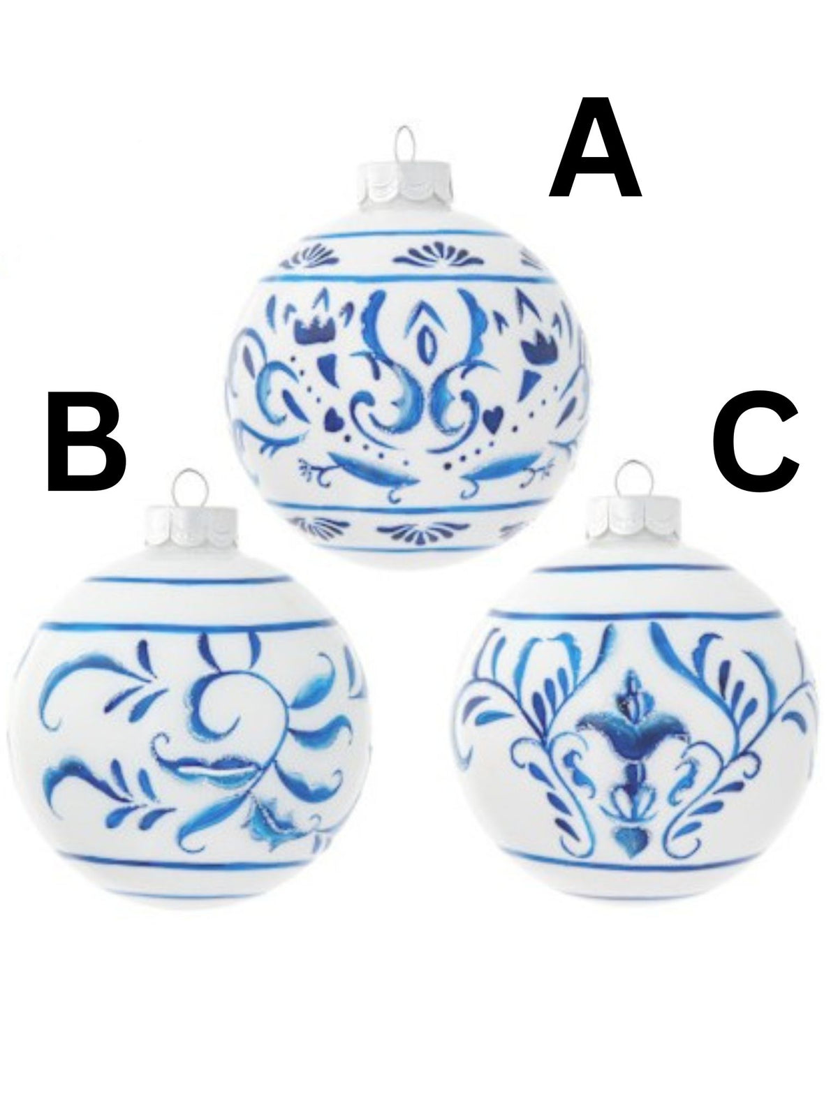 Blue scroll-patterned ball with white accents on a neutral background.