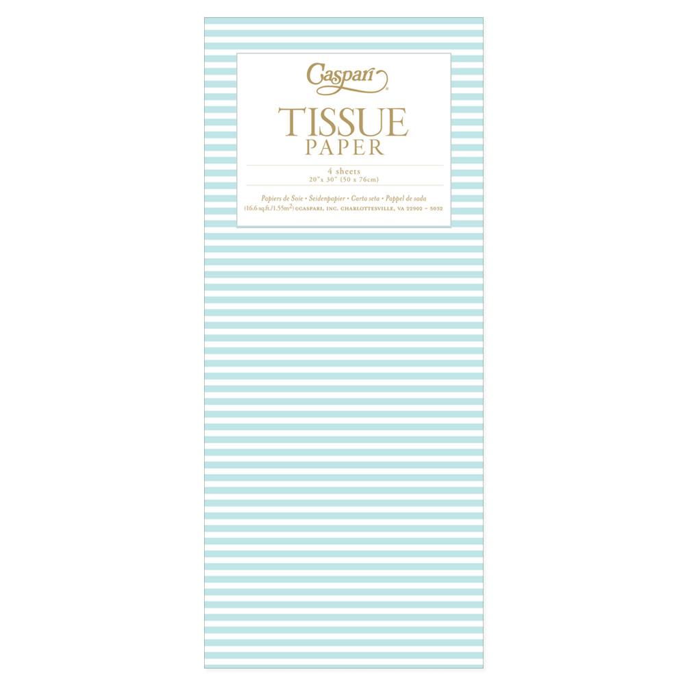 Mini tissue box with a robin's egg blue stripe pattern on white sheets.