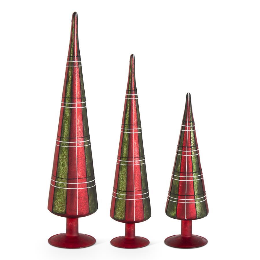 Three glass tabletop trees in varying heights with a red and green tartan pattern on red bases.