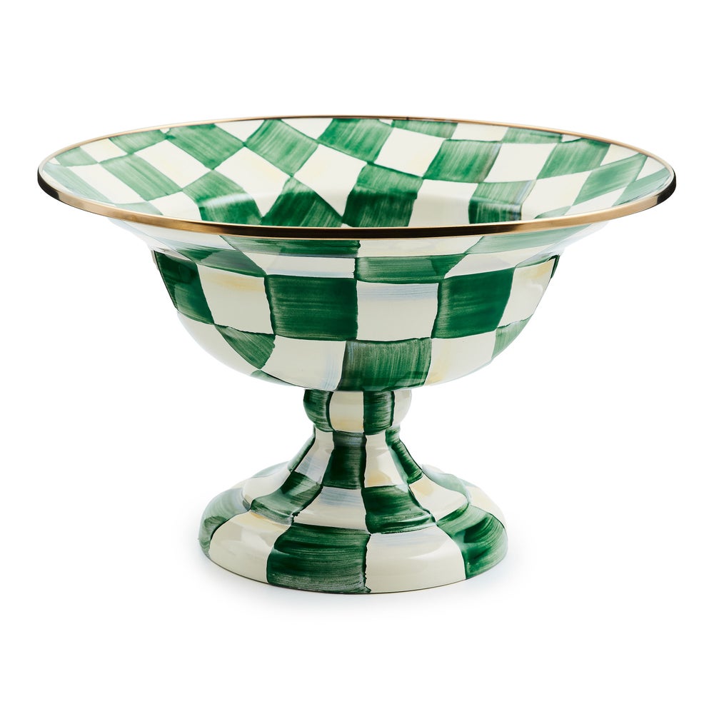 Hand-glazed steel large compote with emerald checkered pattern on a bronzed stainless rim.
