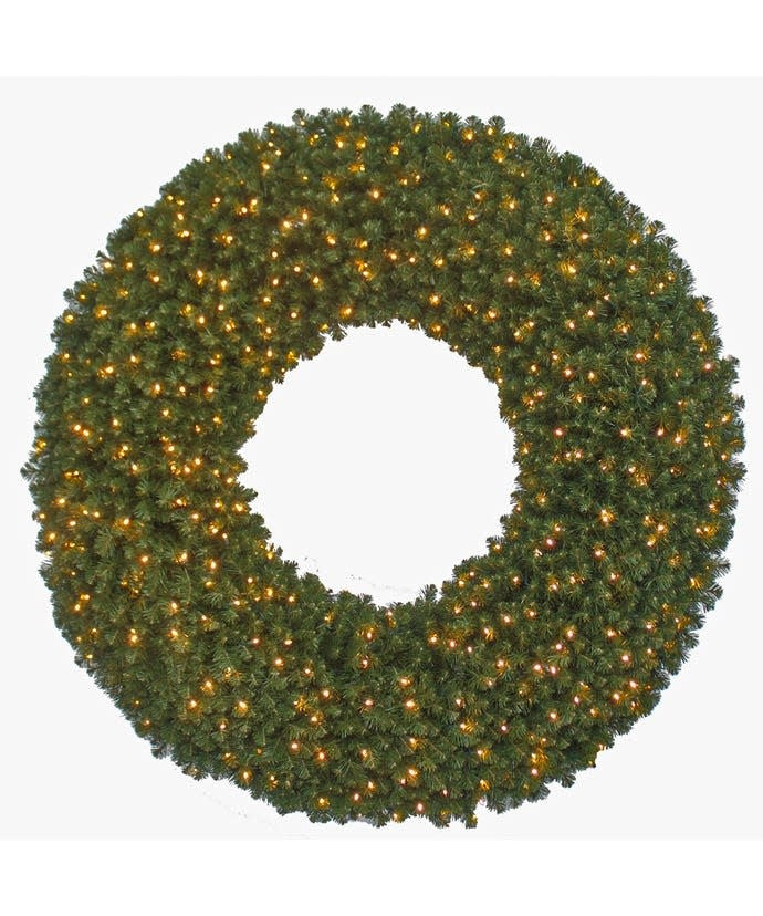 72-inch pre-lit commercial wreath with full round green tips, warm white LEDs, and a steel frame.