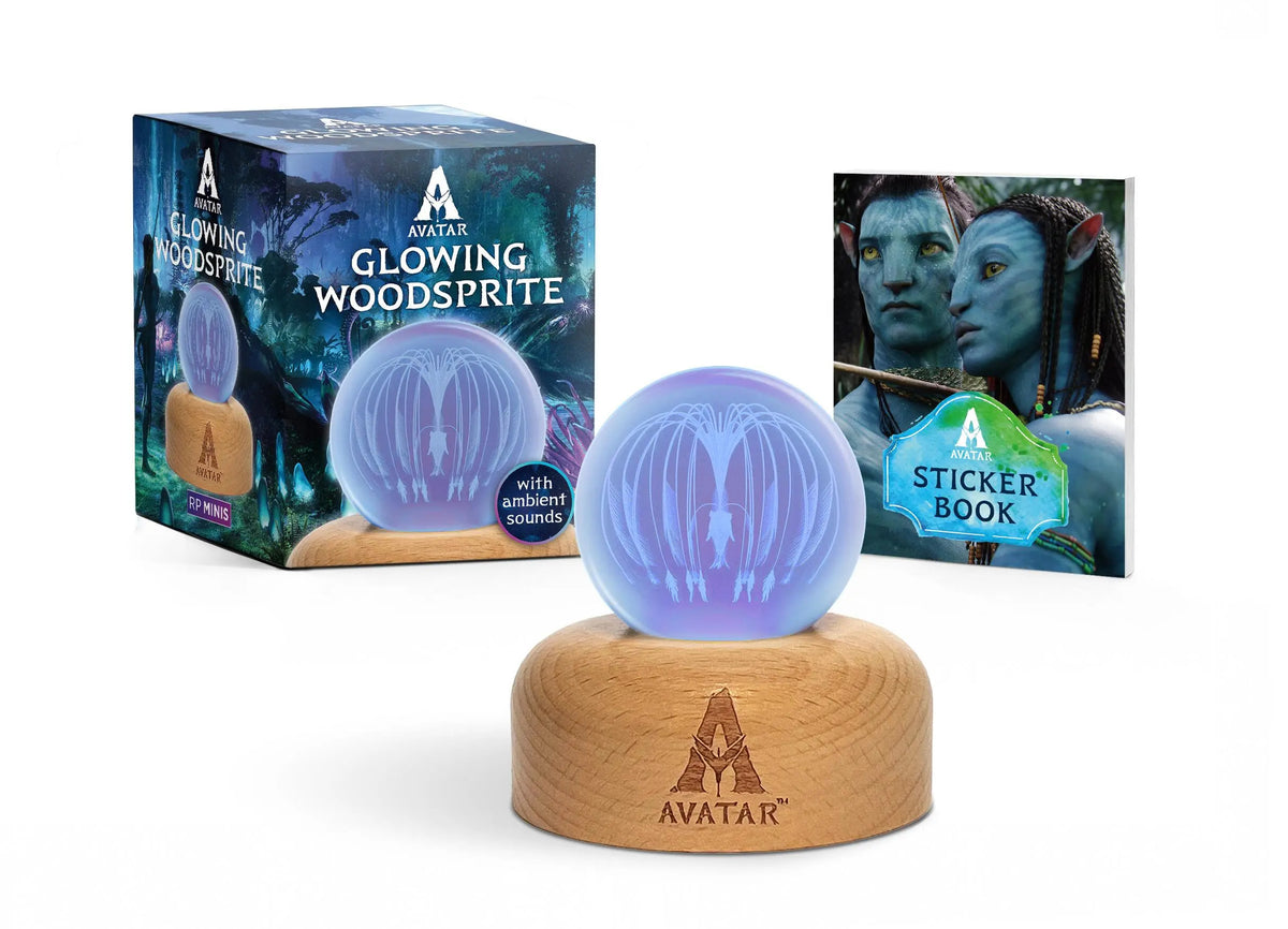 Avatar: Glowing Woodsprite miniature globe on a wooden base with packaging and sticker book.