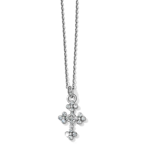 Abbey Cross Necklace featuring a silver-tone cross pendant set with clear Swarovski crystals.