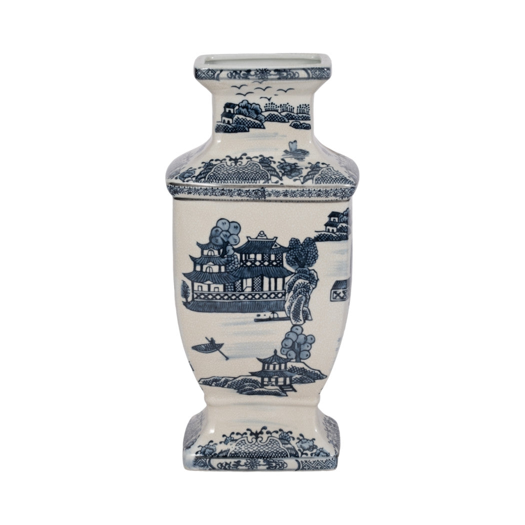 15 inch blue and white ceramic chinoiserie temple vase with traditional landscape scene.