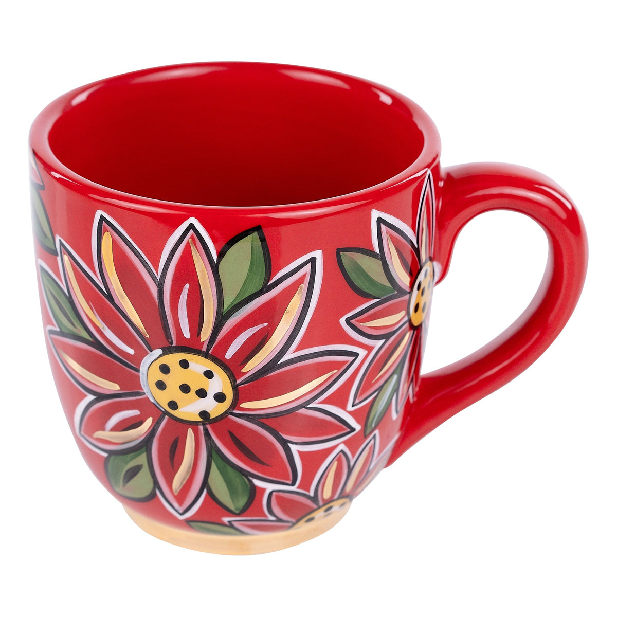 Red 16 oz hand-painted ceramic mug featuring a vibrant red and yellow poinsettia floral design.