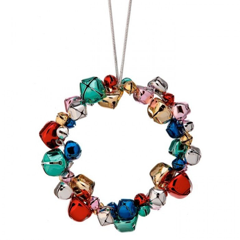 Metal jingle bell wreath ornament with a circular shape.