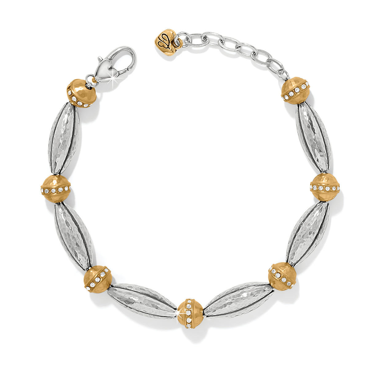 Adjustable two-tone silver-gold crystal bead bracelet with lobster claw closure