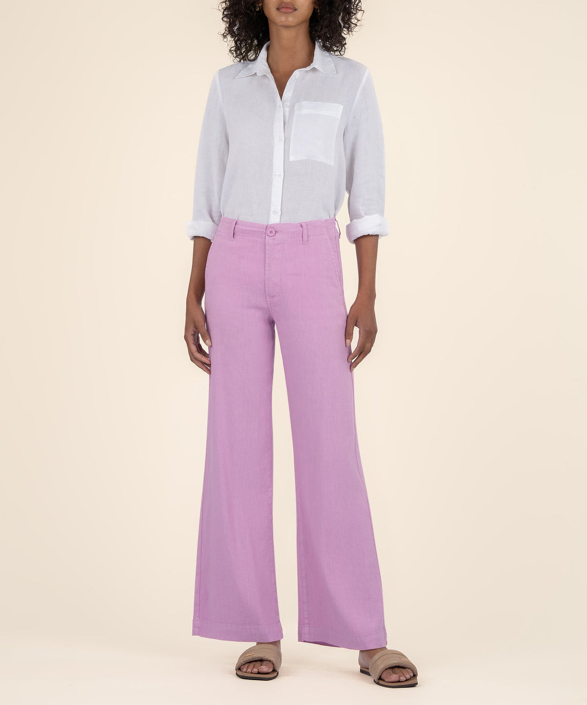 Meg Linen high rise wide leg pants in soft beige with a relaxed silhouette.